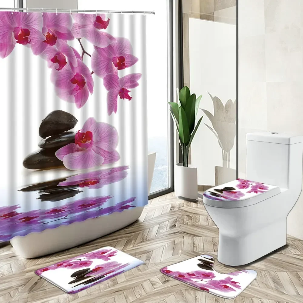 Bamboo Bath Mat - Zasłona prysznicowa Orchidea Zielony Bambus Kamień
